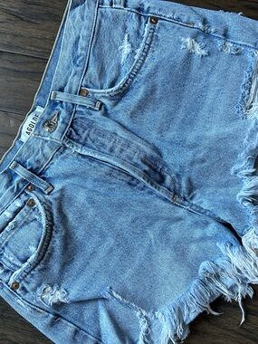 Agolde Light Blue Distressed Frayed Hem Denim Shorts